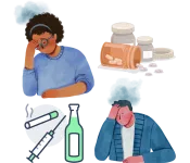 Graphic of depressed man and woman and various drugs
