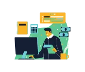 Graphic of man doing accounting on computer