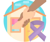 graphic of house, purple ribbon and one hand pulling another