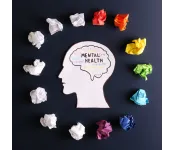 Graphic of human brain with words mental health and crumpled paper around it