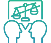 Graphic of scales of justice with line through it and two faces