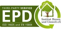 Third-party verified EPD logo with ISO 14025 and EN 15804 certification featuring a tree and circular arrow.