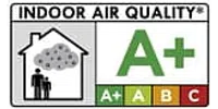 Indoor air quality rating label showing A+ grade with color-coded scale from A+ to C and house with people inside.
