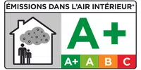 Indoor air emissions rating labeled A+ with a house symbol and people inside surrounded by pollutants.