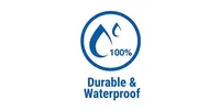 Blue water drop icon with 100% text indicating durable and waterproof quality.