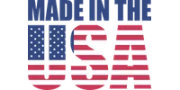 Bold text 'Made in the USA' with American flag pattern filling letters USA in red, white, and blue colors.