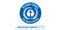 Blue Angel environmental label with laurel wreath and stylized human figure in blue circle and website link.
