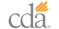 CDA logo with gray lowercase letters and an orange stylized graphic above the letter a