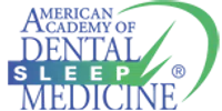 Logo of American Academy of Dental Sleep Medicine featuring blue and green text with a swoosh design