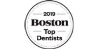 2019 Boston Top Dentists round badge with black text on white background