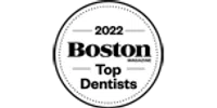 2022 Boston Magazine Top Dentists award badge in a circular design with bold text