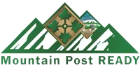 Mountain Post READY logo with green mountain peaks, diamond shapes, and text promoting Fort Carson's preparedness program.