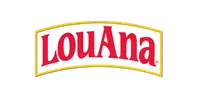LouAna logo in bold red letters within a white and yellow curved rectangle background.