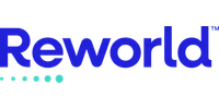 Reworld logo in blue font with a series of turquoise dots below the text on a white background.