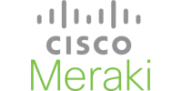 Cisco Meraki logo featuring gray Cisco text and green Meraki text with vertical bars above Cisco.