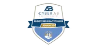 Shield badge displaying Cyber AB CMMC Certification Registered Practitioner Advanced with security lock and hand icon