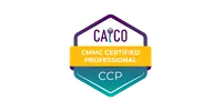 CATCO CMMC Certified Professional badge with purple key logo and yellow-blue color scheme
