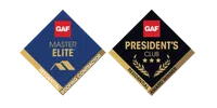 GAF Master Elite and President's Club Roofing Contractor award badges with gold and blue design elements.