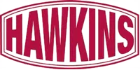 Hawkins logo in bold red letters with vintage oval border on white background