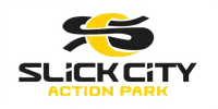 Slick City Action Park logo with stylized black and yellow intertwined letters on black background