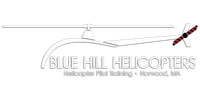 Logo of Blue Hill Helicopters with white helicopter outline and text for pilot training in Norwood, MA on black background