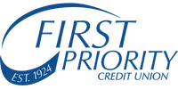 First Priority Credit Union logo with transparent background featuring blue text and swoosh design