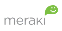Meraki logo featuring gray text with a green speech bubble containing a pixelated smiley face.