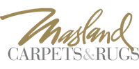 Masland Carpets & Rugs logo featuring elegant gold and gray typography on transparent background.
