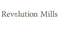 Revolution Mills logo with green leaf integrated into the letter o on a white background