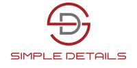 Simple Details logo with intertwined red and gray letters SD above bold text simple details on black background
