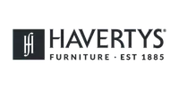 Havertys Furniture logo with black stylized 'hf' icon and text Est 1885 on transparent background
