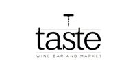 Black and white logo for Taste wine bar and market featuring a corkscrew above the word taste.