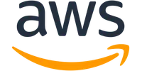 AWS logo with black lowercase letters and an orange curved arrow below, symbolizing cloud computing services.