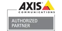 Axis Communications logo with a yellow and red triangle and authorized partner text in a gray box.