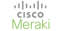 Cisco Meraki logo featuring grey and green text with a stylized signal icon above the name