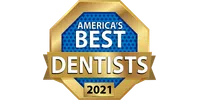 Gold and blue badge highlighting America's Best Dentists 2021 award with bold white text.