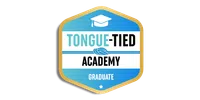 Badge showing Tongue-Tied Academy Graduate with a graduation cap and knot symbol in blue and gold colors