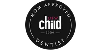 Black circular badge with white text Mom Approved Dentist around 'DFW child 2020' in center.