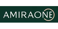 AmiraOne logo with bold white text on a dark green background and a pink circular design element.