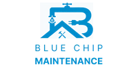 Blue Chip Maintenance logo with stylized house, plumbing pipe, electrical plug, and tools icons in blue.