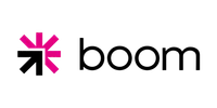 Boom logo featuring pink and black arrow shapes forming a star with black lowercase text.