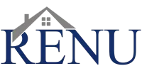 RENU logo with a blue bold font and a gray house roof icon on top of the letter R.