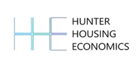 Logo of Hunter Housing Economics with stylized blue HHE letters and company name in black text