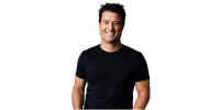 Smiling man with dark hair wearing a black t-shirt against a solid black background.