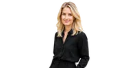Portrait of a smiling blonde woman in a black button-up shirt with gold hoop earrings.