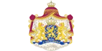 Royal crest featuring golden lions, crown, blue shield, and ornate red and gold drapery on white background