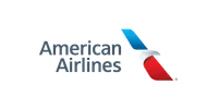 American Airlines logo with stylized red, white, and blue eagle wing design and text.