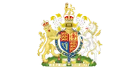 Detailed British royal coat of arms featuring lion, unicorn, crown, and shield with heraldic symbols.