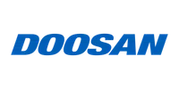 Blue Doosan logo with bold italic uppercase letters on a transparent background