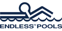 Endless Pools logo featuring a swimmer icon above stylized water waves and the brand name in bold letters.